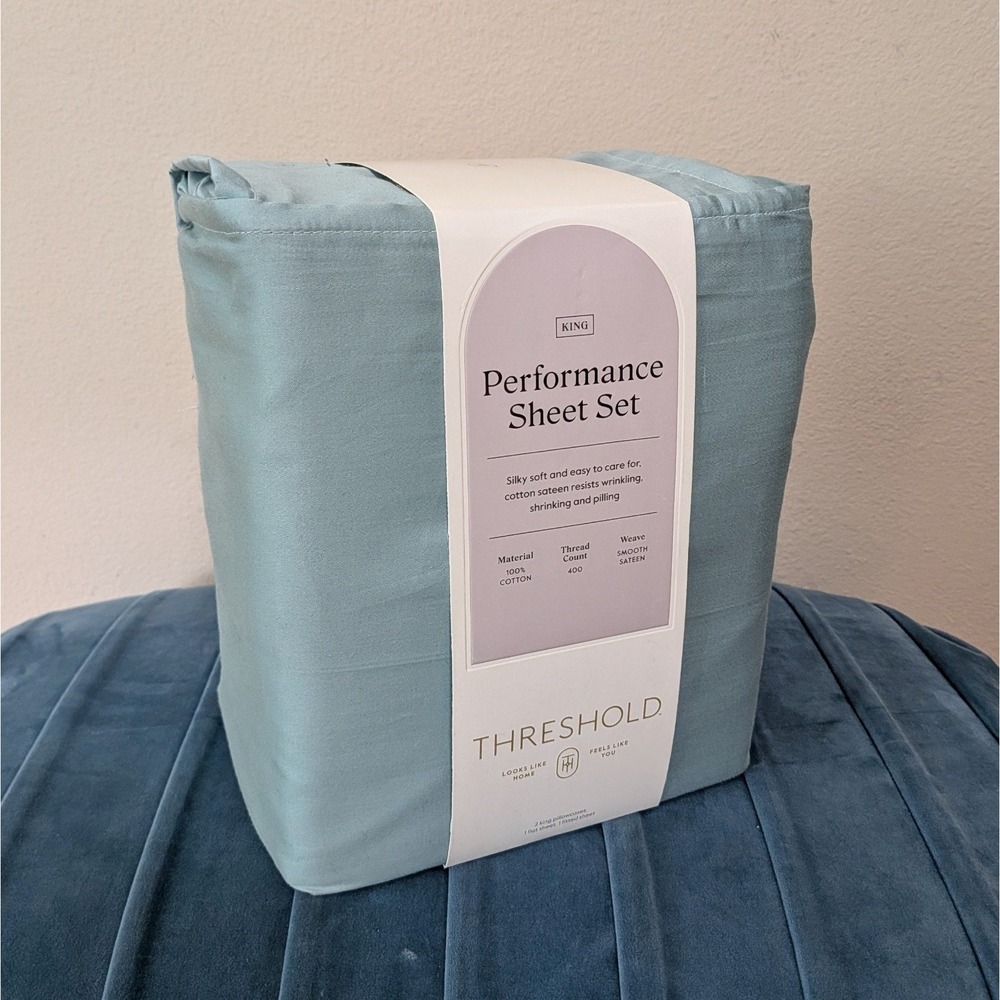 New Threshold Cotton Performance Sheet Set 400 Thread Light Teal King